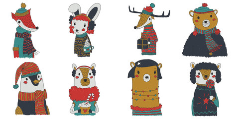 vector christmas animals collection illustration with eight animals wearing festive winter clothes. cute funny kiddie xmas set with a fox, bunny, reindeer, male bear, penguin, llama, female bear, dog.