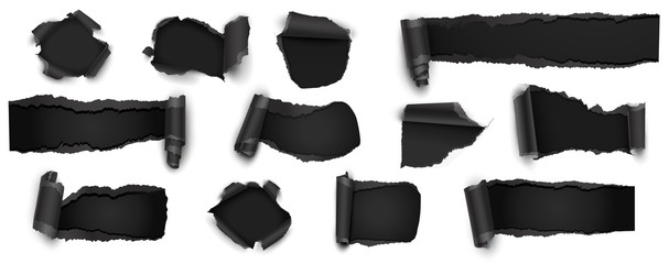 Collection of Torn Black Paper Isolated on White. Vector Illustration