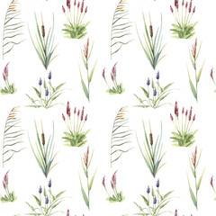 Seamless pattern with watercolor herbs and flower
