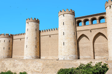 Fototapeta na wymiar Aljaferia is one of the most famous places in Zaragoza. Moorish Islamic palace in mudejar architectural style