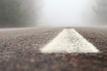 road markings and lines. shallow depth of cut. Fog present covers part of the road. far over long distances. Highway in a natural landscape. there is a tinted soft light