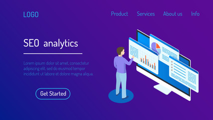 Seo analytics landing page. Isometric Web interface with buttons. 3d infographics on the screen.