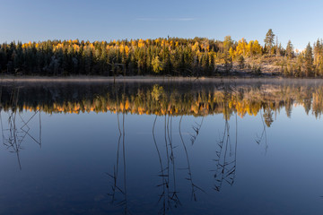 Lake in autumn with calm water and reflections from the sky,picture from the Northern Sweden.