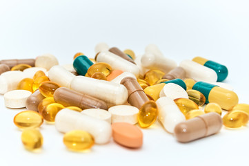 Piils background. Tablets. Medical background with pills and vitamins.