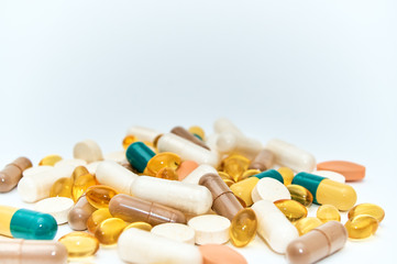 Piils background. Tablets. Medical background with pills and vitamins.