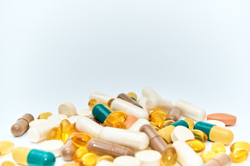 Piils background. Tablets. Medical background with pills and vitamins.