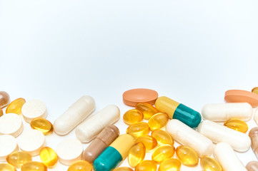 Piils background. Tablets. Medical background with pills and vitamins.