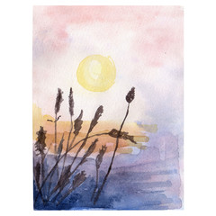 Watercolor sketch with sunset