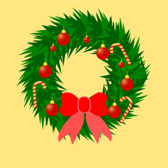 Christmas wreath with red bow and ball on color background.