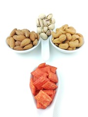 assorted, cashew nuts,  pistachio, almond and fish cracker