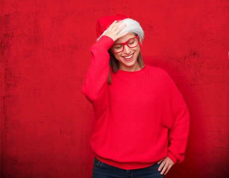 young pretty woman christmas concept. editable background