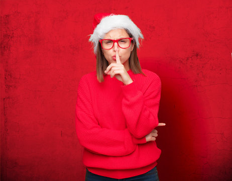 young pretty woman christmas concept. editable background