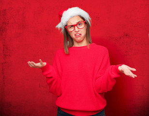 young pretty woman christmas concept. editable background