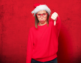 young pretty woman christmas concept. editable background