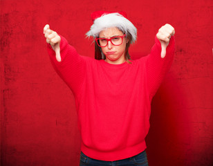 young pretty woman christmas concept. editable background