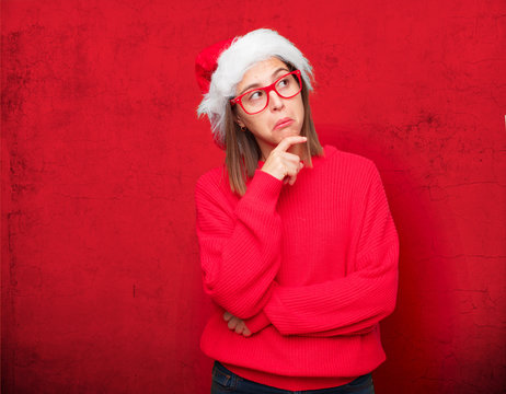 young pretty woman christmas concept. editable background