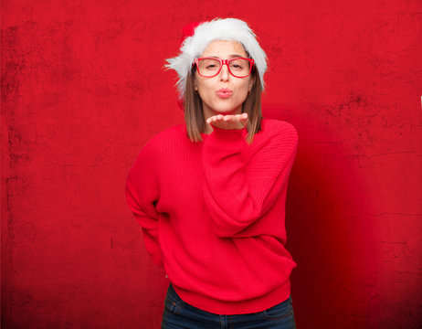 young pretty woman christmas concept. editable background