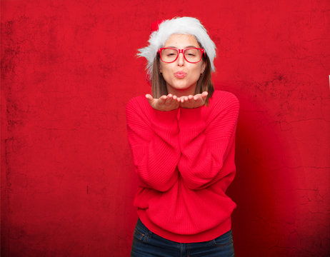 young pretty woman christmas concept. editable background