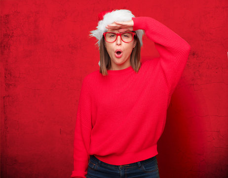 young pretty woman christmas concept. editable background