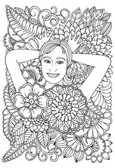 Funny girl and flowers. Page for coloring book. Doodles in black and white
