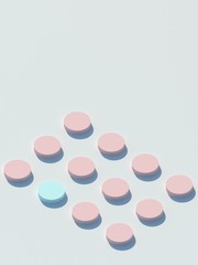 3D background pattern of pink cylinders and blue on white background. 3d rendering. Pink texture. Pink background. Geometrical texture.