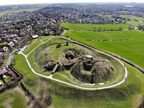 Aerial photo of Sandal Castle the ruined medieval castle in Sandal Magna, a suburb of the city of Wakefield in West Yorkshire, England, overlooking the River Calder.