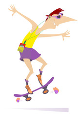 Fototapeta na wymiar Skateboarding man isolated illustration. Cartoon smiling man in headphones is riding on a skateboard and listening the music on the portable digital music player isolated on white 