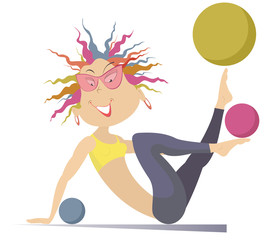 Cartoon young woman with lithe figure do exercises with the balls isolated on white illustration