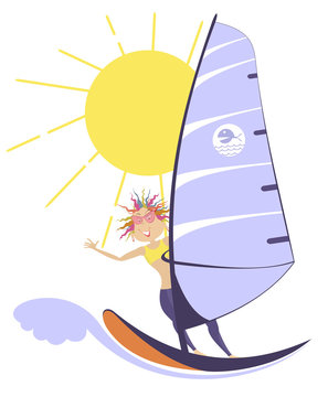 Windsurfing woman illustration. Sunny day, big wave and smiling woman rids on the windsurfing boat
