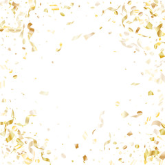 Holiday realistic gold confetti flying on black background.
