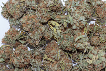 Close up of deep green and red haired marijuana buds in a large pile.
