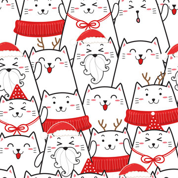 Cute Cat Seamless Pattern For Christmas.cartoon Hand Drawn