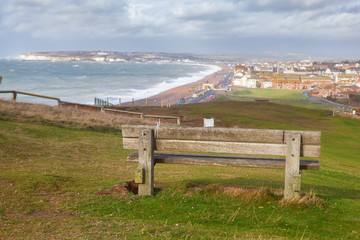 Seaford Head walk on top of the cliffs, East Sussex, England. View of the sea, beach and town, selective focus