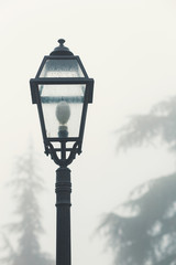 Fototapeta na wymiar Foggy morning, vintage street lamp of a park, isolated on white