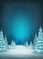 Winter snow background. Christmas trees in the snow. Frosty night. Pines in hoarfrost.