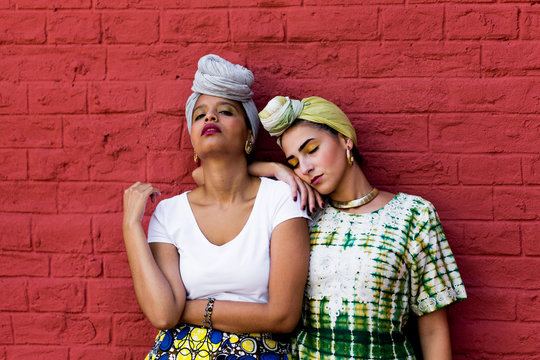 Portrait of two stylish women with turbans