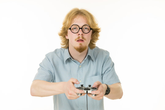 Gamer man holding gaming pad