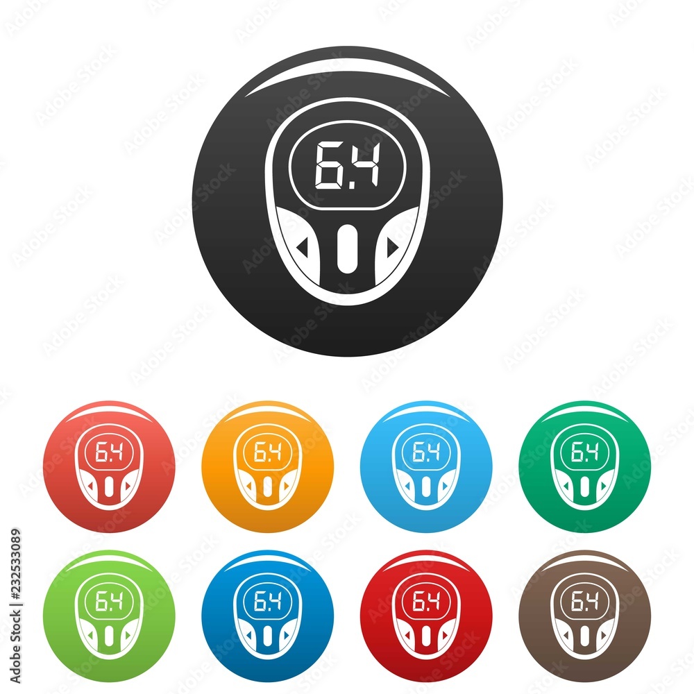 Aufkleber glucose meter icons set 9 color vector isolated on white for any design