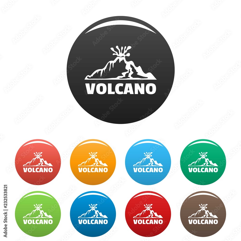 Poster volcano icons set 9 color vector isolated on white for any design