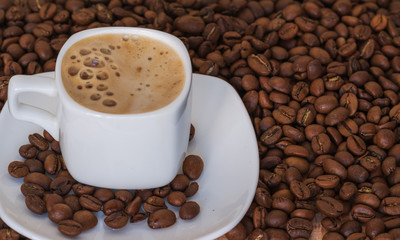  Closeup of white cup with hot coffee with foam on the coffee  beans background. selective focus. gold coffee.