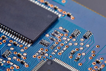 Close-up of electronic circuit board with processor of computer motherboard