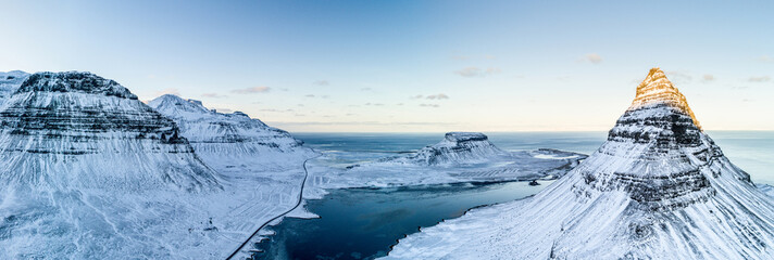 Aerial view of Kirkjufell mountain in winter, Iceland