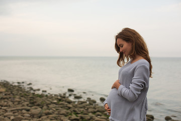 Young Beautiful Pregnant Woman in a  Knitted Sweater Posing on a Deserted Beach. Sea on a Background