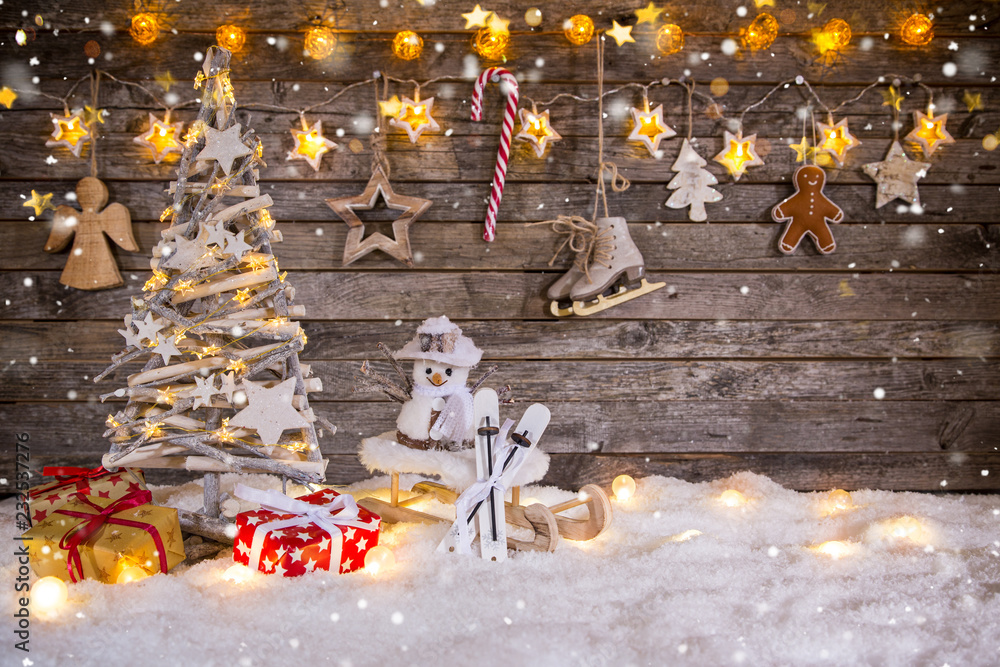 Sticker christmas decoration on wooden background