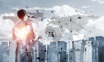 Concept of business success and control with confident boss against cityscape background