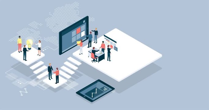Isometric virtual office with people working together
