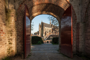 View of the Pieterskerk church from the door of the Leiden Castle in the Dutch city of Leiden