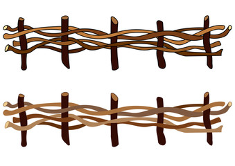 Obraz premium A set of two wooden fences with and without stroke. Wicker fences made of crooked twigs. Vector illustration isolated on white background in EPS 10.
