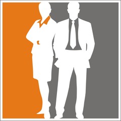 Fototapeta na wymiar Business Logo / silhouettes of businessman and business woman in square shape colored orange and grey