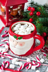 Ceramic mug filled with hot chocolate and marshmallows